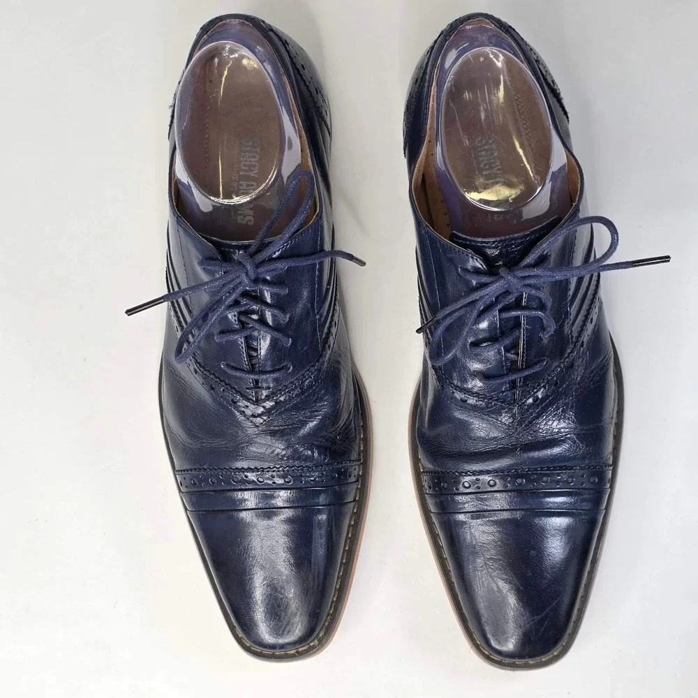 Stacy Adams Shoes Men's Size 10.5 Navy Blue Leather Cap Toe Brogue Oxford Casual